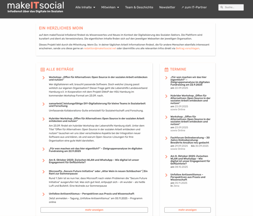 Bildschirmfoto des makeITsocial Infodienstes